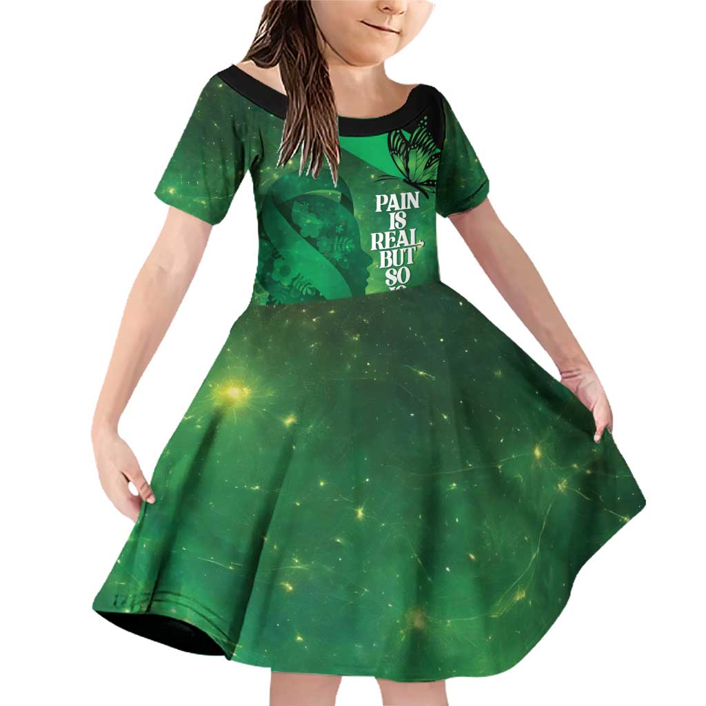 Personalised World Mental Health Awareness Month Family Matching Off Shoulder Short Dress and Hawaiian Shirt Warriors Brave Strong Galaxy Vibes LT14 Daughter's Dress Green - Polynesian Pride