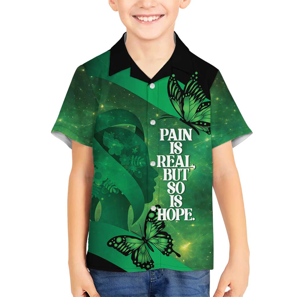 Personalised World Mental Health Awareness Month Family Matching Off Shoulder Short Dress and Hawaiian Shirt Warriors Brave Strong Galaxy Vibes LT14 Son's Shirt Green - Polynesian Pride