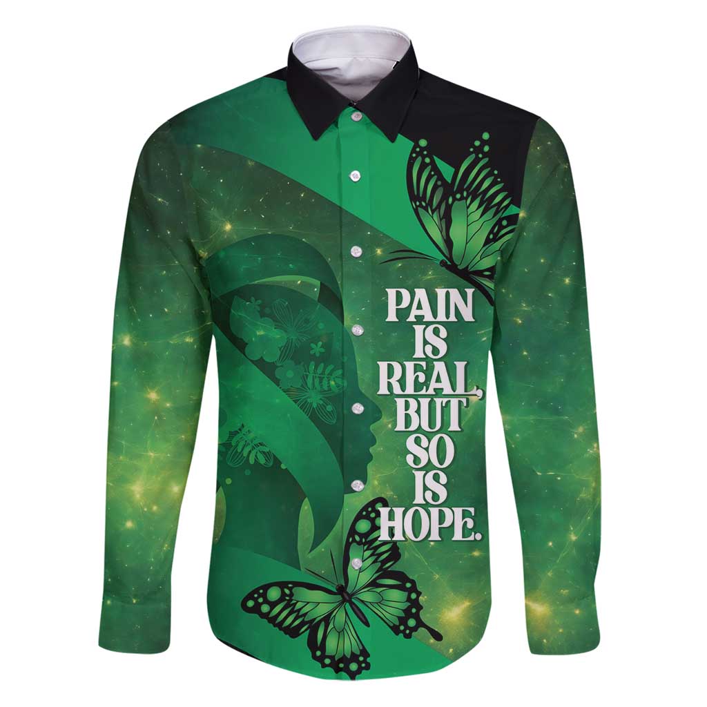 Personalised World Mental Health Awareness Month Family Matching Puletasi and Hawaiian Shirt Warriors Brave Strong Galaxy Vibes LT14 Dad's Shirt - Long Sleeve Green - Polynesian Pride