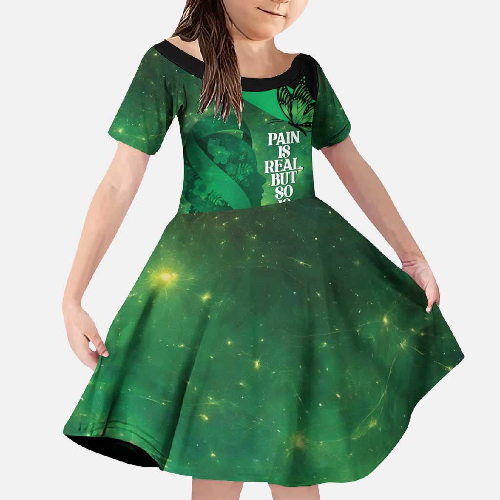 Personalised World Mental Health Awareness Month Family Matching Tank Maxi Dress and Hawaiian Shirt Warriors Brave Strong Galaxy Vibes LT14 Daughter's Dress Green - Polynesian Pride