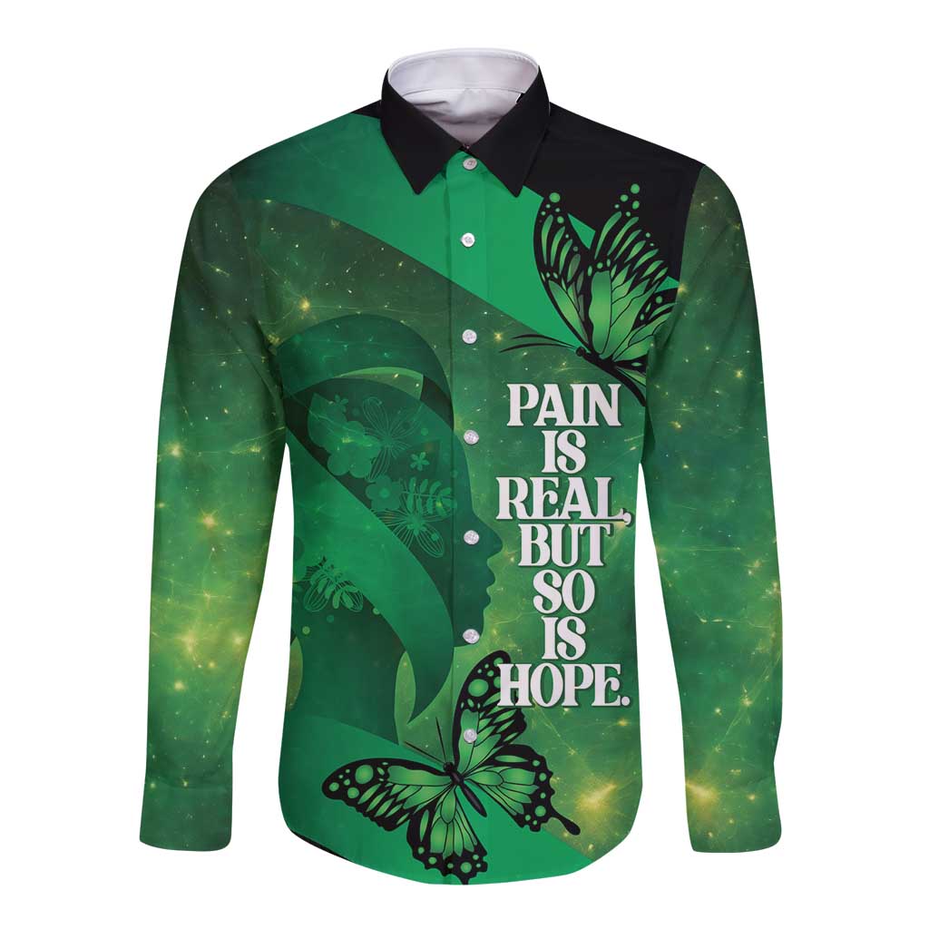 Personalised World Mental Health Awareness Month Long Sleeve Button Shirt Warriors Brave Strong Galaxy Vibes LT14 Unisex Green - Polynesian Pride