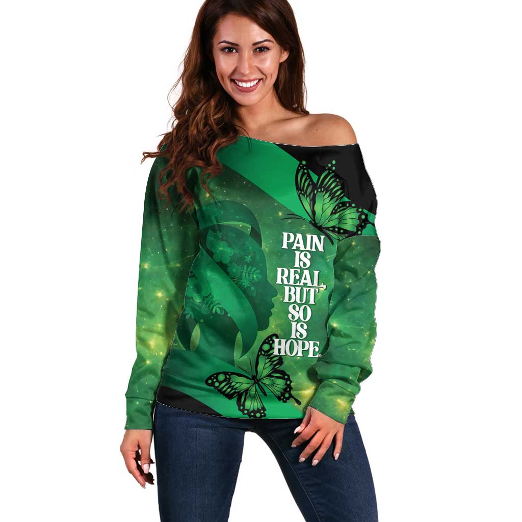 Personalised World Mental Health Awareness Month Off Shoulder Sweater Warriors Brave Strong Galaxy Vibes LT14 Women Green - Polynesian Pride