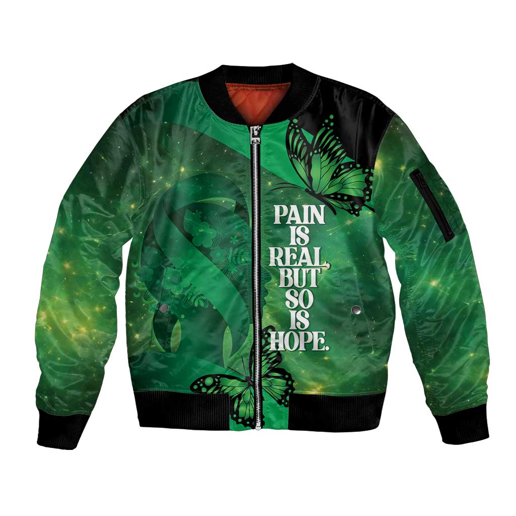 Personalised World Mental Health Awareness Month Sleeve Zip Bomber Jacket Warriors Brave Strong Galaxy Vibes LT14 Unisex Green - Polynesian Pride