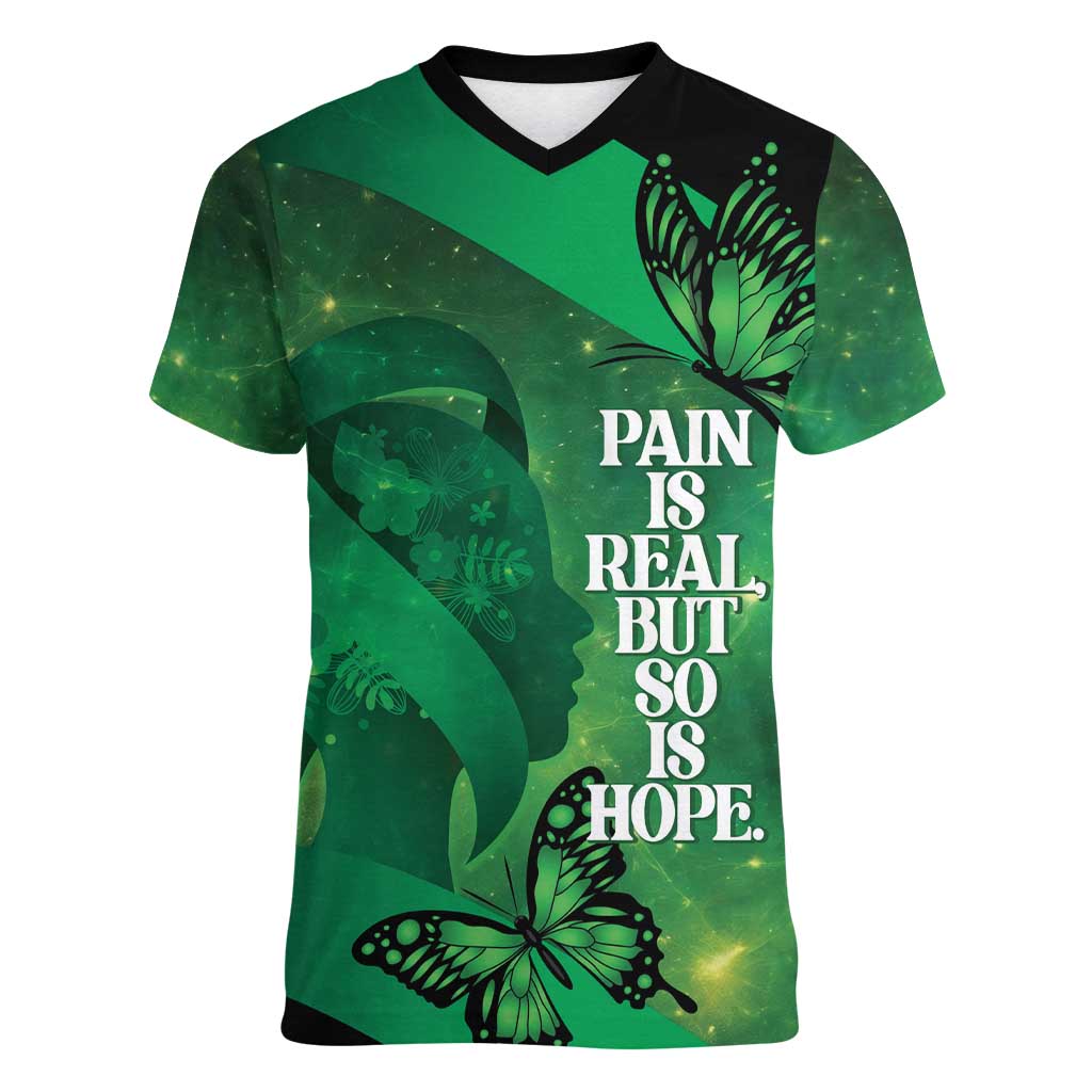 Personalised World Mental Health Awareness Month Women V-Neck T-Shirt Warriors Brave Strong Galaxy Vibes LT14 Female Green - Polynesian Pride