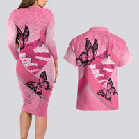 Polynesia Breast Cancer Awareness Month Couples Matching Long Sleeve Bodycon Dress and Hawaiian Shirt Pink Ribbon Mix Butterflies LT14 - Polynesian Pride