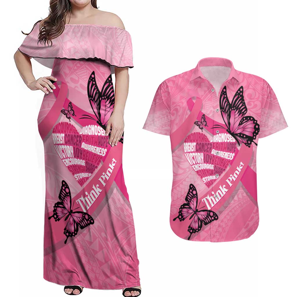 Polynesia Breast Cancer Awareness Month Couples Matching Off Shoulder Maxi Dress and Hawaiian Shirt Pink Ribbon Mix Butterflies LT14 Pink - Polynesian Pride