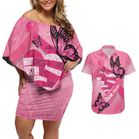 Polynesia Breast Cancer Awareness Month Couples Matching Off Shoulder Short Dress and Hawaiian Shirt Pink Ribbon Mix Butterflies LT14 Pink - Polynesian Pride