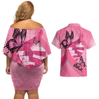 Polynesia Breast Cancer Awareness Month Couples Matching Off Shoulder Short Dress and Hawaiian Shirt Pink Ribbon Mix Butterflies LT14 - Polynesian Pride