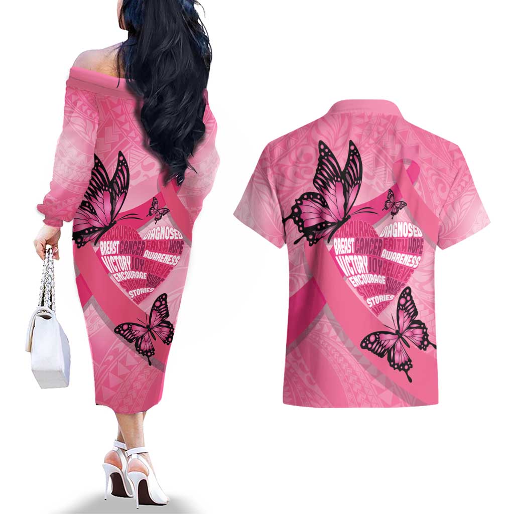 Polynesia Breast Cancer Awareness Month Couples Matching Off The Shoulder Long Sleeve Dress and Hawaiian Shirt Pink Ribbon Mix Butterflies LT14 - Polynesian Pride