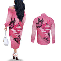 Polynesia Breast Cancer Awareness Month Couples Matching Off The Shoulder Long Sleeve Dress and Long Sleeve Button Shirt Pink Ribbon Mix Butterflies LT14 - Polynesian Pride