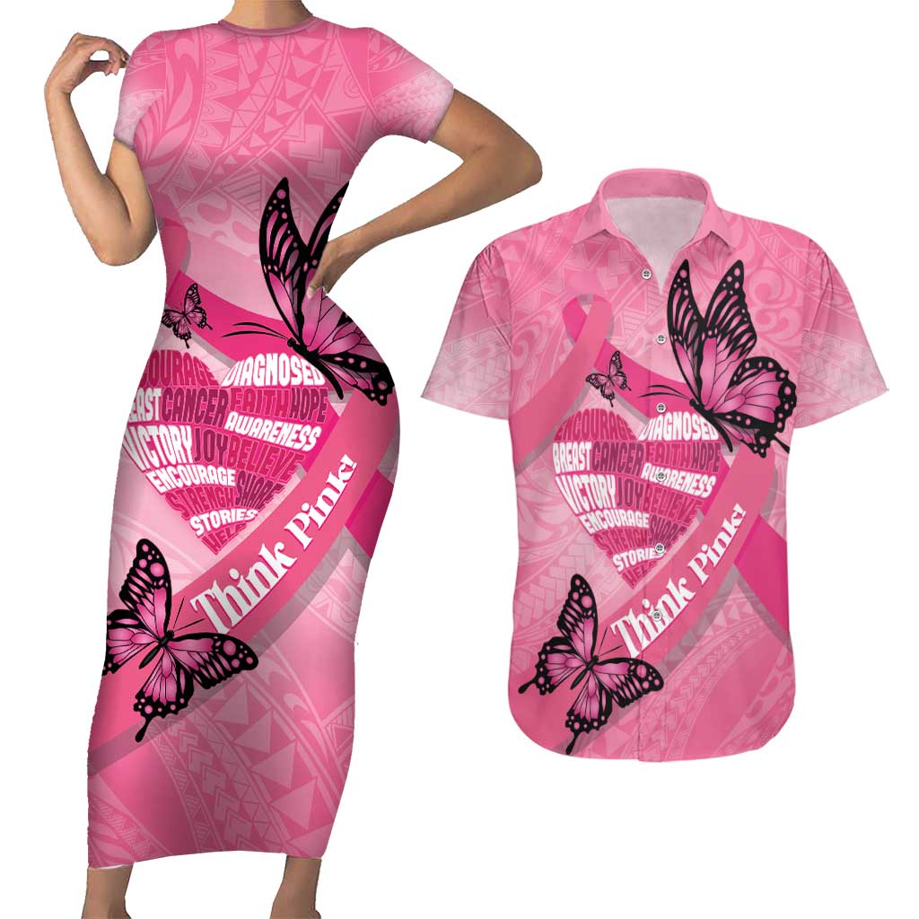 Polynesia Breast Cancer Awareness Month Couples Matching Short Sleeve Bodycon Dress and Hawaiian Shirt Pink Ribbon Mix Butterflies LT14 Pink - Polynesian Pride
