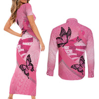 Polynesia Breast Cancer Awareness Month Couples Matching Short Sleeve Bodycon Dress and Long Sleeve Button Shirt Pink Ribbon Mix Butterflies LT14 - Polynesian Pride