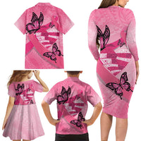 Polynesia Breast Cancer Awareness Month Family Matching Long Sleeve Bodycon Dress and Hawaiian Shirt Pink Ribbon Mix Butterflies LT14 - Polynesian Pride