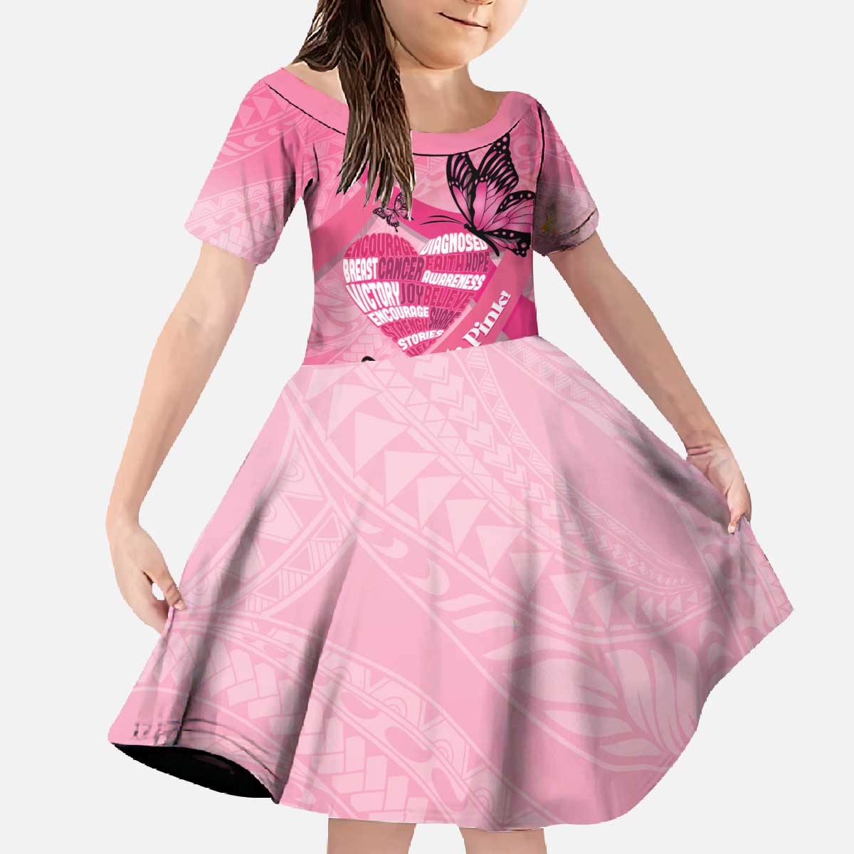 Polynesia Breast Cancer Awareness Month Family Matching Off The Shoulder Long Sleeve Dress and Hawaiian Shirt Pink Ribbon Mix Butterflies LT14 Daughter's Dress Pink - Polynesian Pride