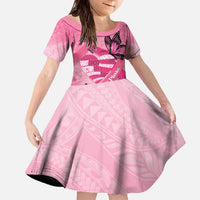 Polynesia Breast Cancer Awareness Month Family Matching Off The Shoulder Long Sleeve Dress and Hawaiian Shirt Pink Ribbon Mix Butterflies LT14 Daughter's Dress Pink - Polynesian Pride