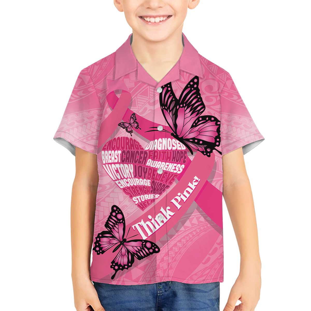 Polynesia Breast Cancer Awareness Month Family Matching Off The Shoulder Long Sleeve Dress and Hawaiian Shirt Pink Ribbon Mix Butterflies LT14 Son's Shirt Pink - Polynesian Pride