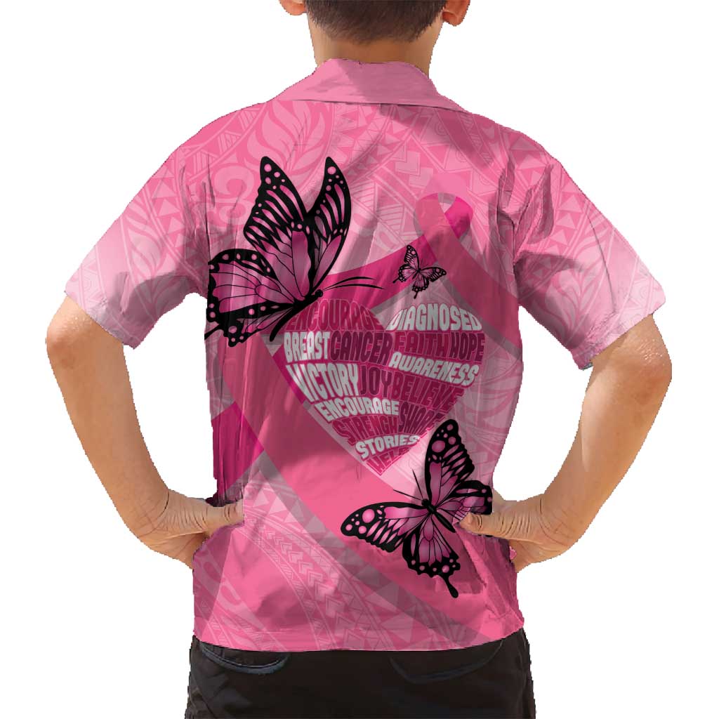Polynesia Breast Cancer Awareness Month Family Matching Off Shoulder Maxi Dress and Hawaiian Shirt Pink Ribbon Mix Butterflies LT14 - Polynesian Pride