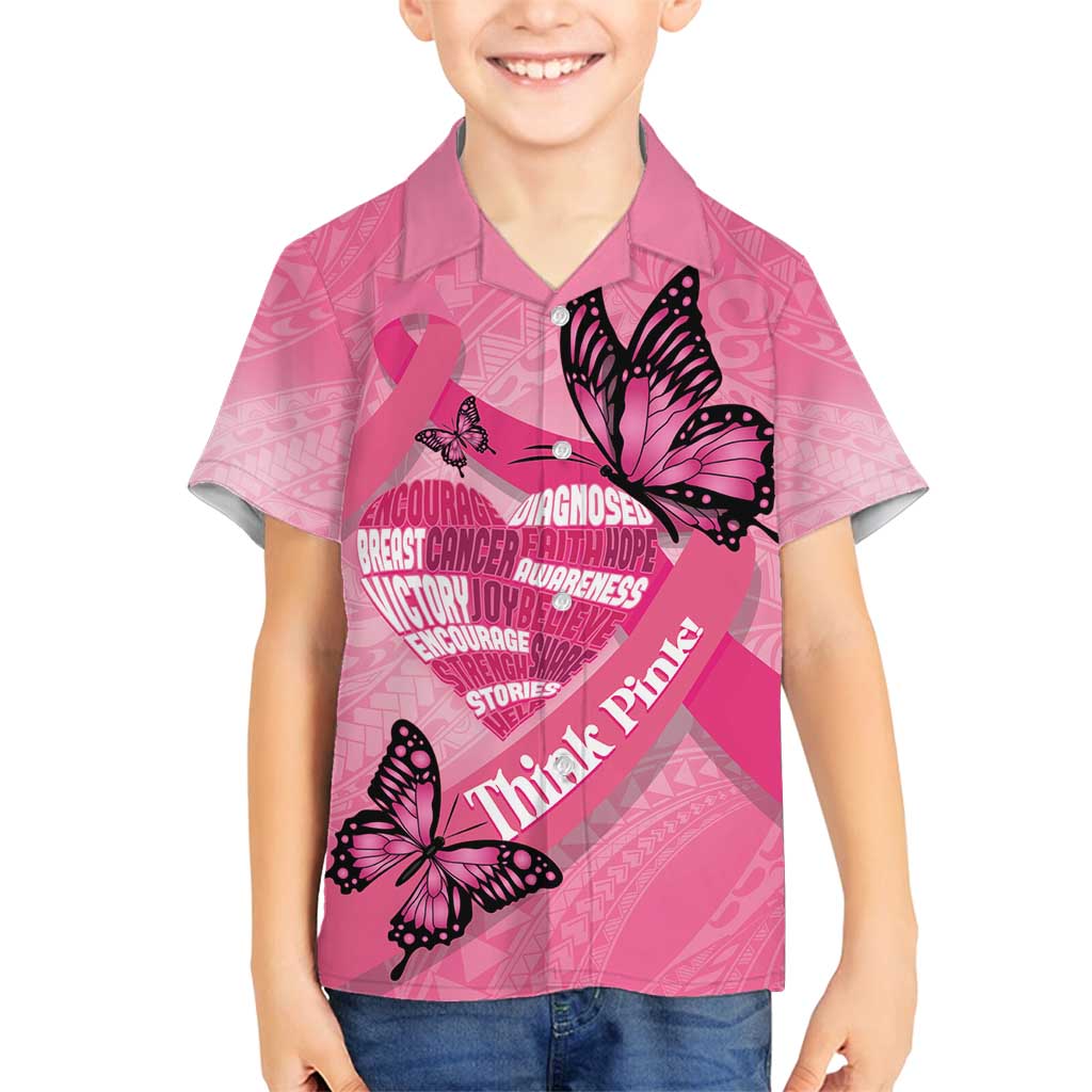 Polynesia Breast Cancer Awareness Month Family Matching Off Shoulder Maxi Dress and Hawaiian Shirt Pink Ribbon Mix Butterflies LT14 Son's Shirt Pink - Polynesian Pride