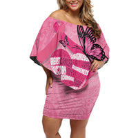 Polynesia Breast Cancer Awareness Month Family Matching Off Shoulder Short Dress and Hawaiian Shirt Pink Ribbon Mix Butterflies LT14 Mom's Dress Pink - Polynesian Pride