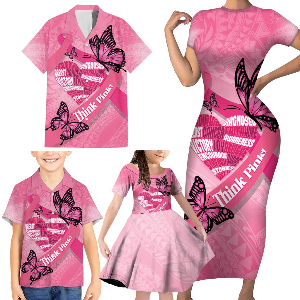 Polynesia Breast Cancer Awareness Month Family Matching Short Sleeve Bodycon Dress and Hawaiian Shirt Pink Ribbon Mix Butterflies LT14 - Polynesian Pride