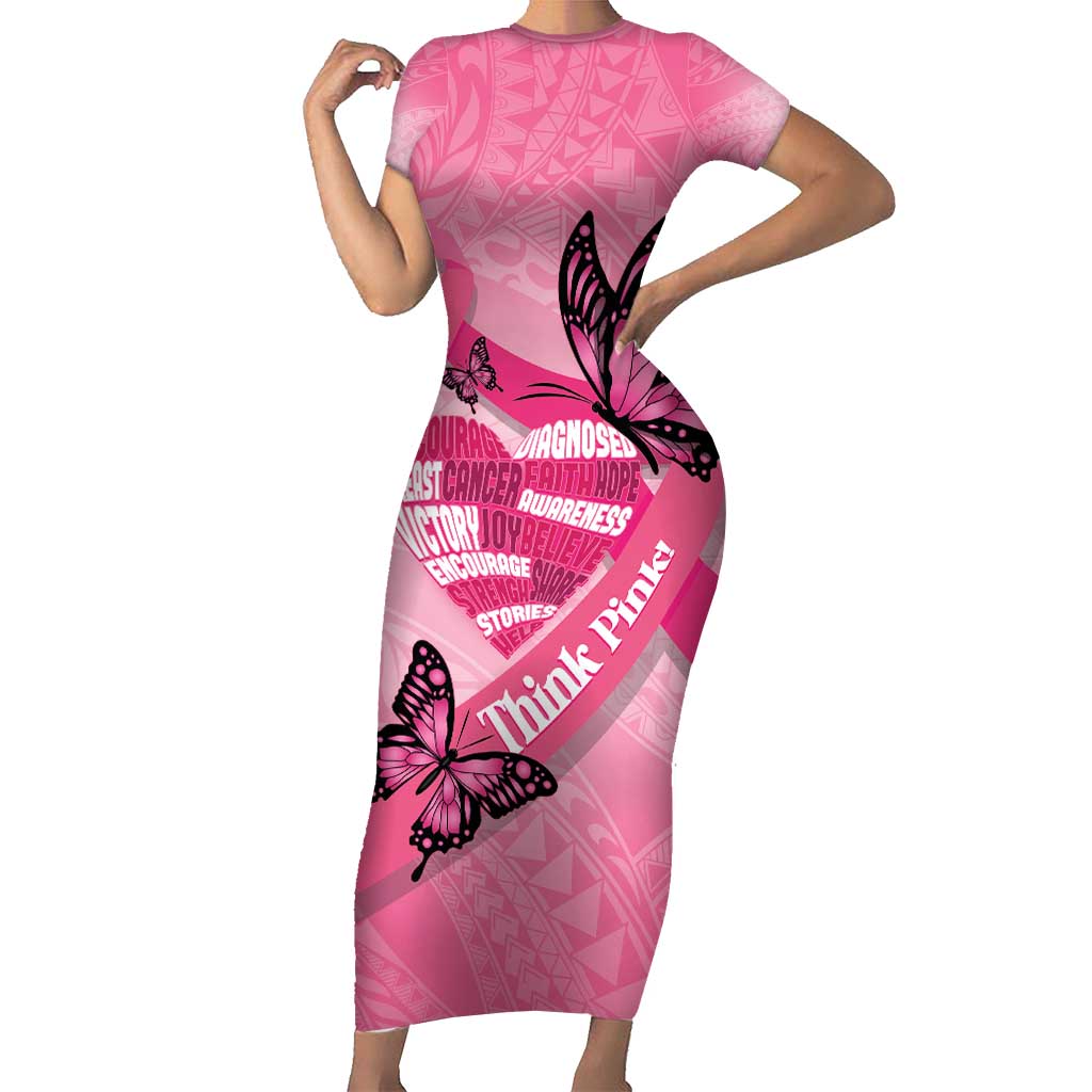 Polynesia Breast Cancer Awareness Month Family Matching Short Sleeve Bodycon Dress and Hawaiian Shirt Pink Ribbon Mix Butterflies LT14 Mom's Dress Pink - Polynesian Pride