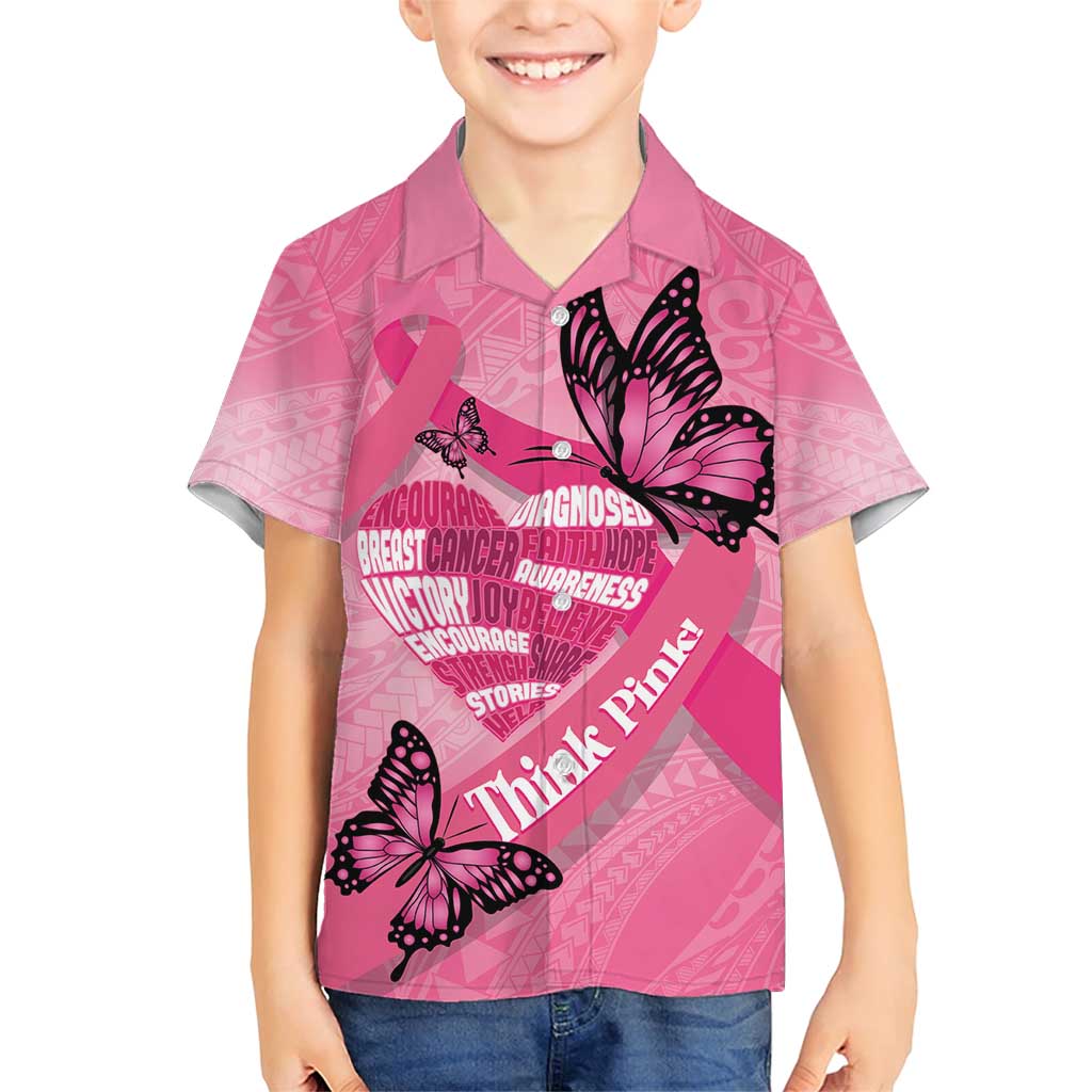 Polynesia Breast Cancer Awareness Month Family Matching Short Sleeve Bodycon Dress and Hawaiian Shirt Pink Ribbon Mix Butterflies LT14 Son's Shirt Pink - Polynesian Pride