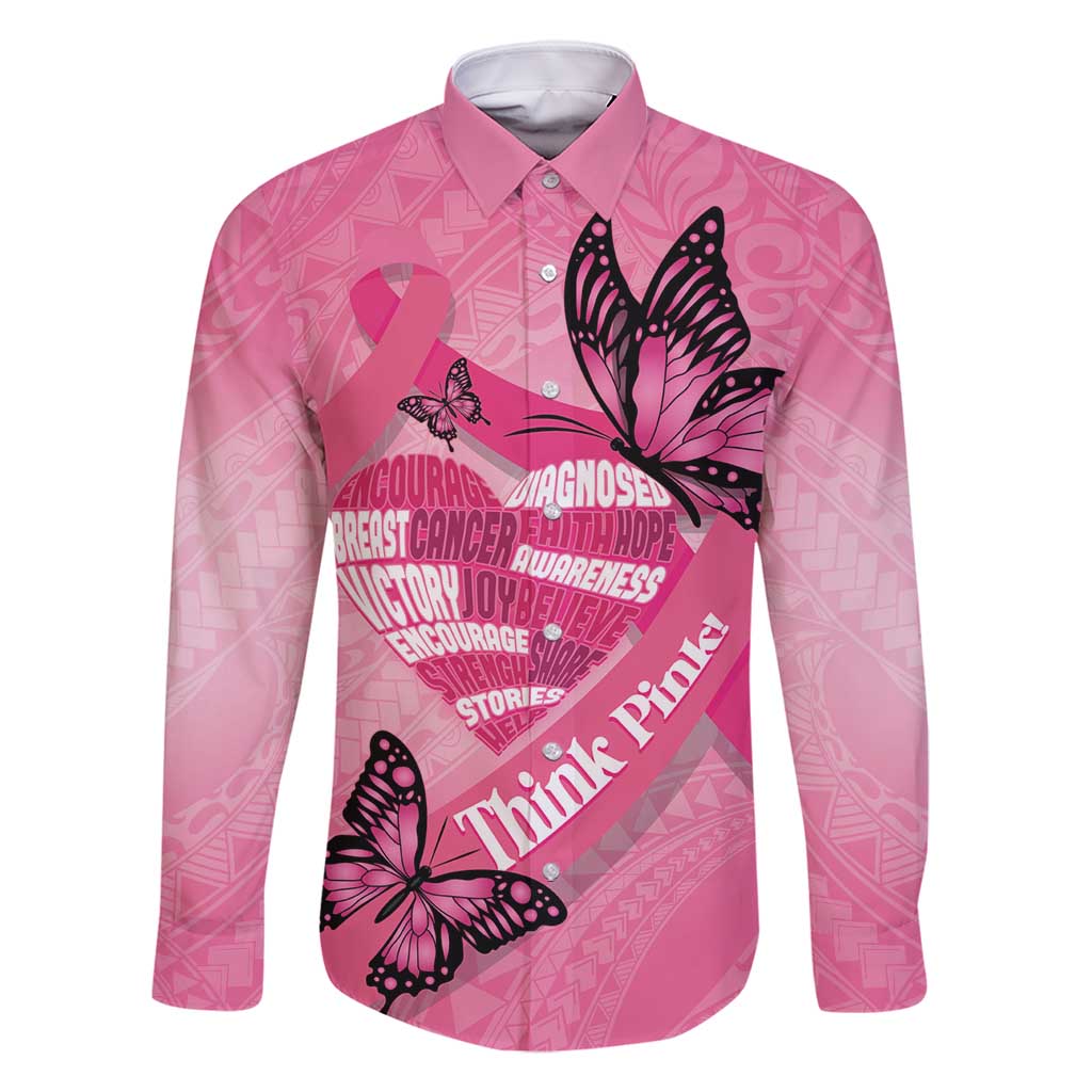 Polynesia Breast Cancer Awareness Month Family Matching Summer Maxi Dress and Hawaiian Shirt Pink Ribbon Mix Butterflies LT14 Dad's Shirt - Long Sleeve Pink - Polynesian Pride