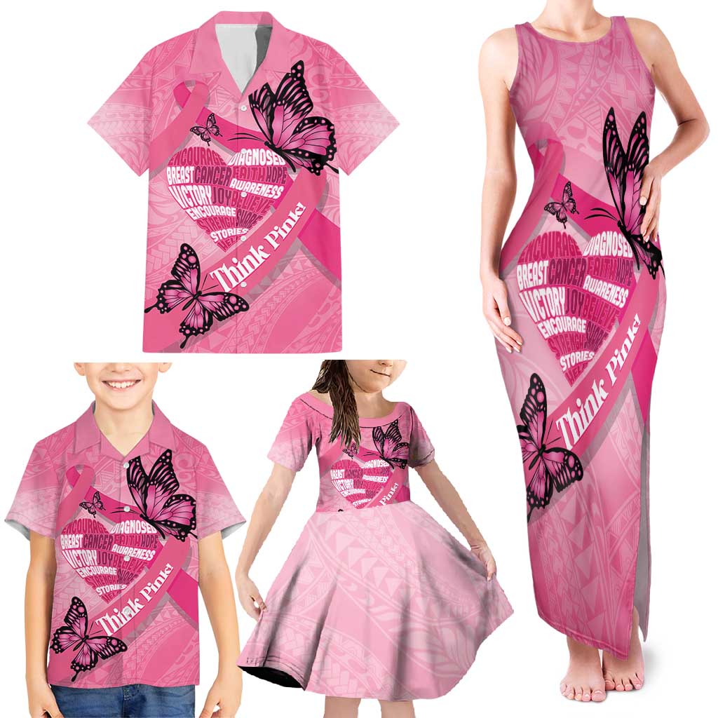 Polynesia Breast Cancer Awareness Month Family Matching Tank Maxi Dress and Hawaiian Shirt Pink Ribbon Mix Butterflies LT14 - Polynesian Pride