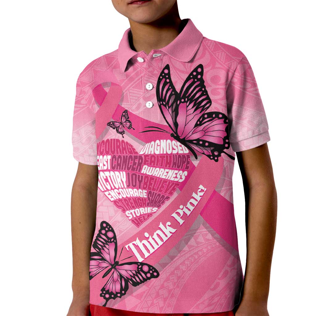Polynesia Breast Cancer Awareness Month Kid Polo Shirt Pink Ribbon Mix Butterflies