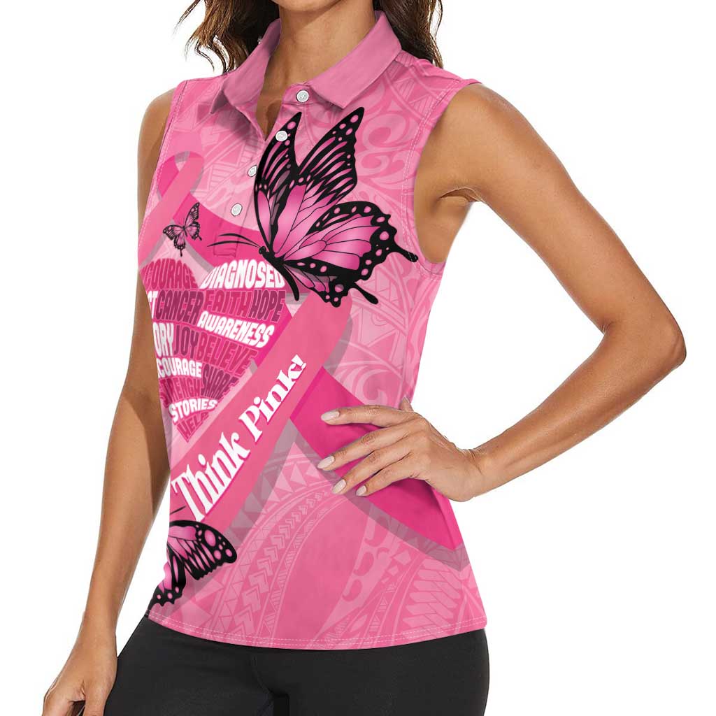 Polynesia Breast Cancer Awareness Month Women Sleeveless Polo Shirt Pink Ribbon Mix Butterflies