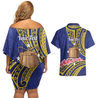 Personalised Tokelau Tokehega Day Couples Matching Off Shoulder Short Dress and Hawaiian Shirt Tokelauan Tatau Flag Color LT14 - Polynesian Pride