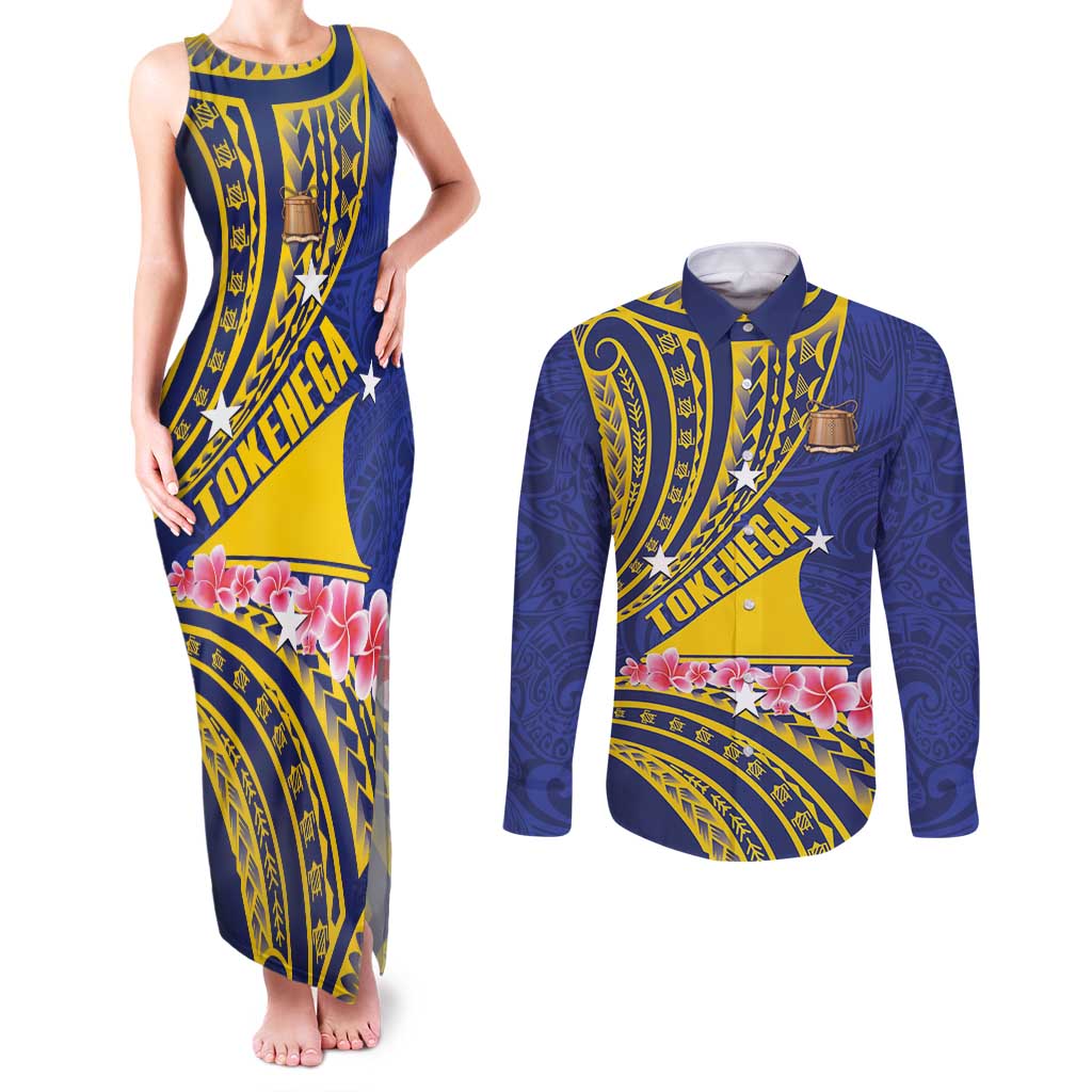 Personalised Tokelau Tokehega Day Couples Matching Tank Maxi Dress and Long Sleeve Button Shirt Tokelauan Tatau Flag Color LT14 Blue - Polynesian Pride