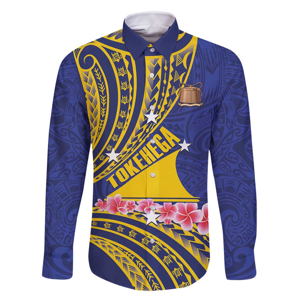 Personalised Tokelau Tokehega Day Family Matching Long Sleeve Bodycon Dress and Hawaiian Shirt Tokelauan Tatau Flag Color LT14 Dad's Shirt - Long Sleeve Blue - Polynesian Pride