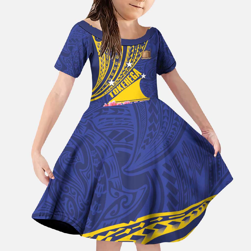 Personalised Tokelau Tokehega Day Family Matching Mermaid Dress and Hawaiian Shirt Tokelauan Tatau Flag Color LT14 Daughter's Dress Blue - Polynesian Pride