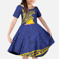 Personalised Tokelau Tokehega Day Family Matching Off The Shoulder Long Sleeve Dress and Hawaiian Shirt Tokelauan Tatau Flag Color LT14 Daughter's Dress Blue - Polynesian Pride