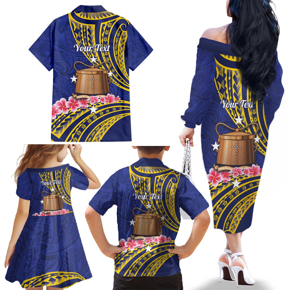 Personalised Tokelau Tokehega Day Family Matching Off The Shoulder Long Sleeve Dress and Hawaiian Shirt Tokelauan Tatau Flag Color LT14 - Polynesian Pride