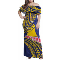 Personalised Tokelau Tokehega Day Family Matching Off Shoulder Maxi Dress and Hawaiian Shirt Tokelauan Tatau Flag Color LT14 Mom's Dress Blue - Polynesian Pride