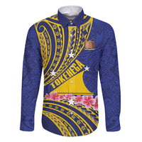 Personalised Tokelau Tokehega Day Family Matching Short Sleeve Bodycon Dress and Hawaiian Shirt Tokelauan Tatau Flag Color LT14 Dad's Shirt - Long Sleeve Blue - Polynesian Pride