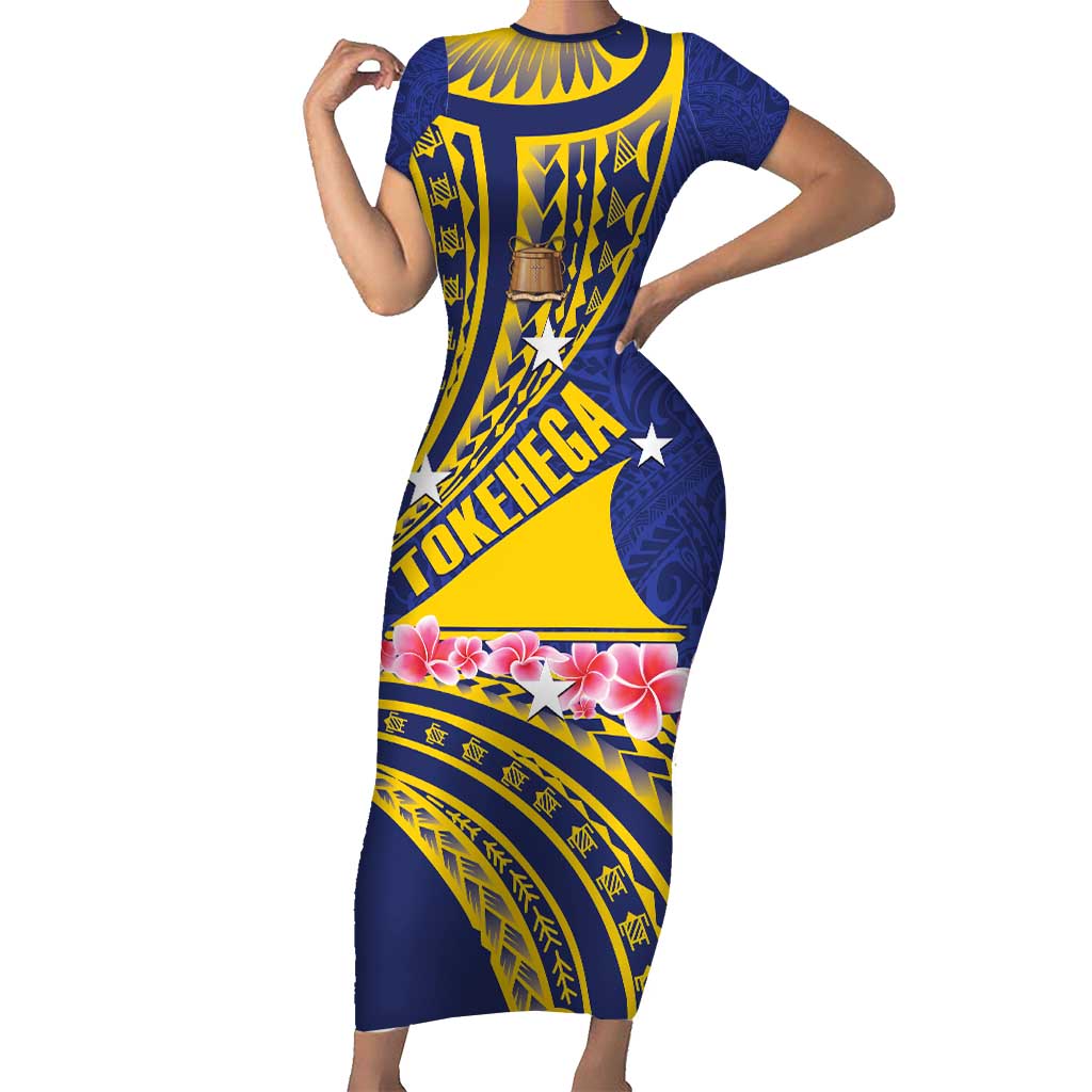 Personalised Tokelau Tokehega Day Family Matching Short Sleeve Bodycon Dress and Hawaiian Shirt Tokelauan Tatau Flag Color LT14 Mom's Dress Blue - Polynesian Pride