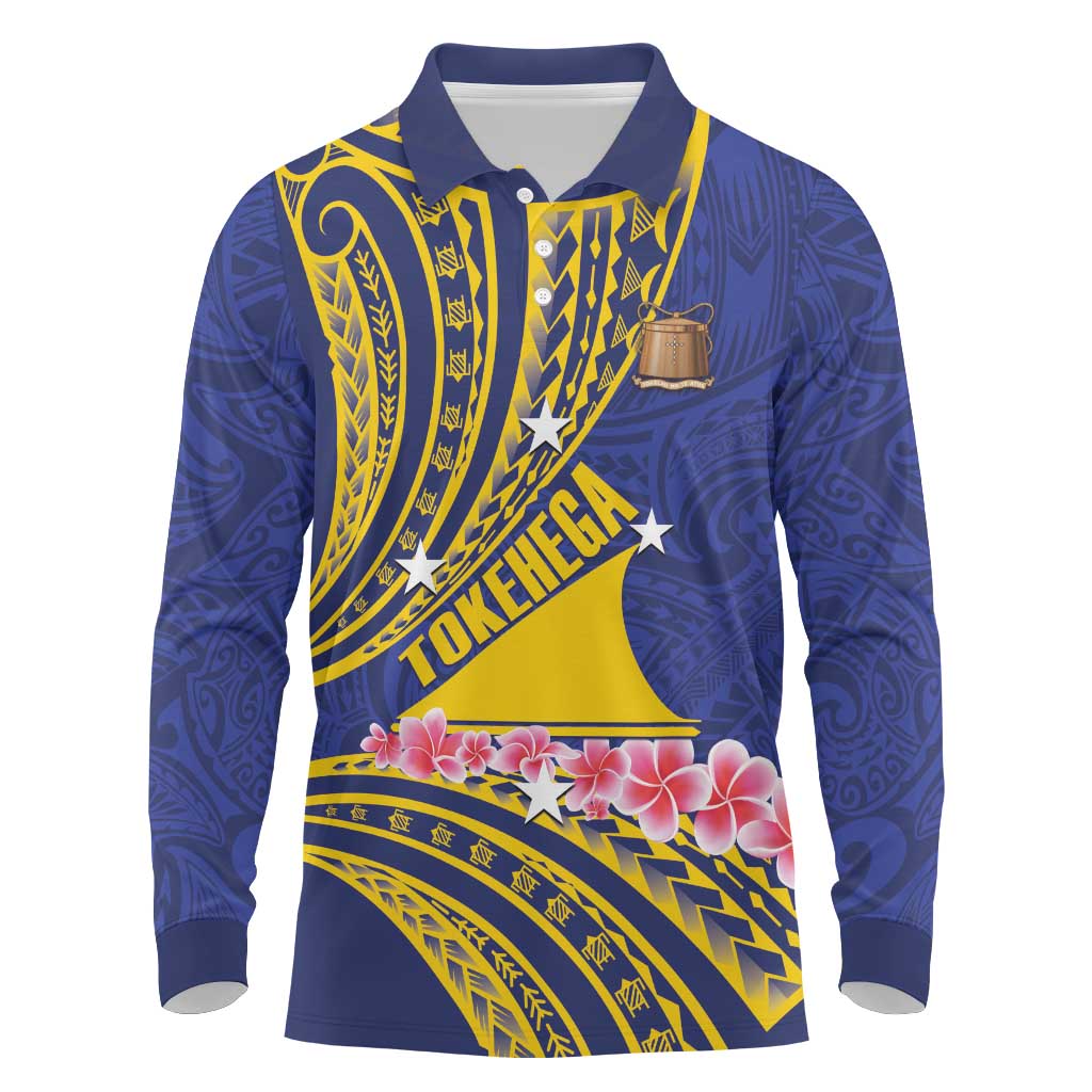 Personalised Tokelau Tokehega Day Long Sleeve Polo Shirt Tokelauan Tatau Flag Color LT14 Blue - Polynesian Pride