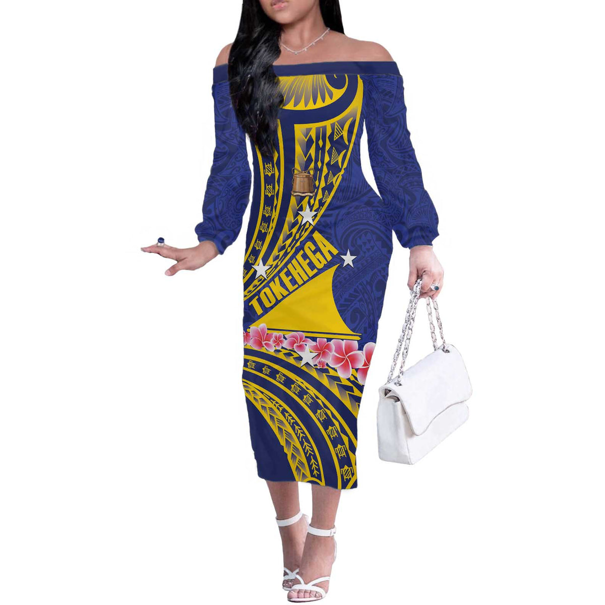 Personalised Tokelau Tokehega Day Off The Shoulder Long Sleeve Dress Tokelauan Tatau Flag Color LT14 Women Blue - Polynesian Pride
