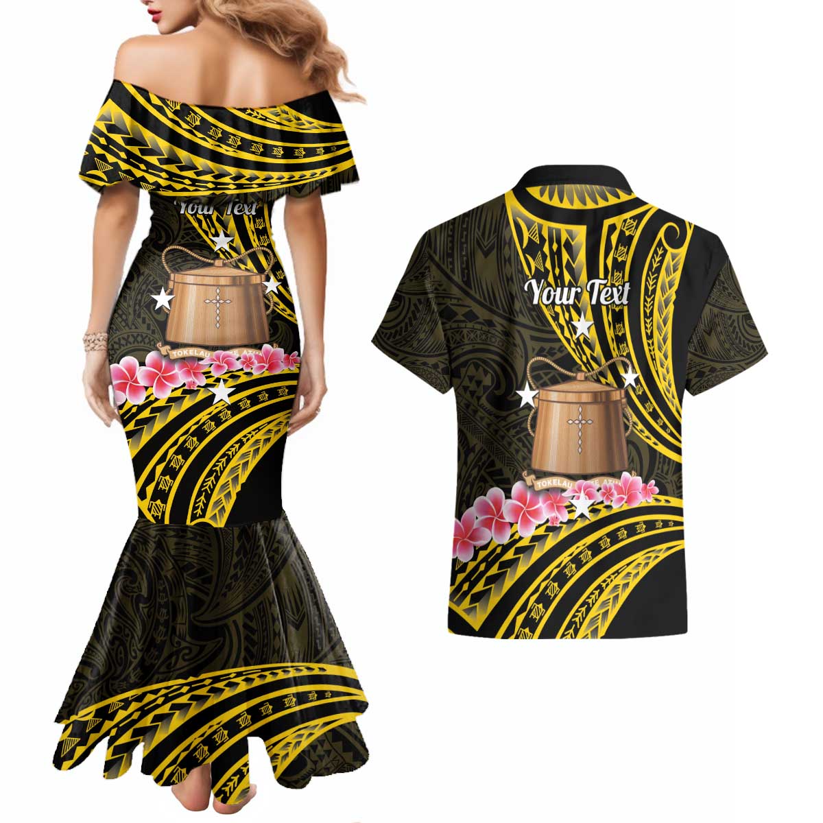 Personalised Tokelau Tokehega Day Couples Matching Mermaid Dress and Hawaiian Shirt Tokelauan Tatau Black Color LT14 - Polynesian Pride