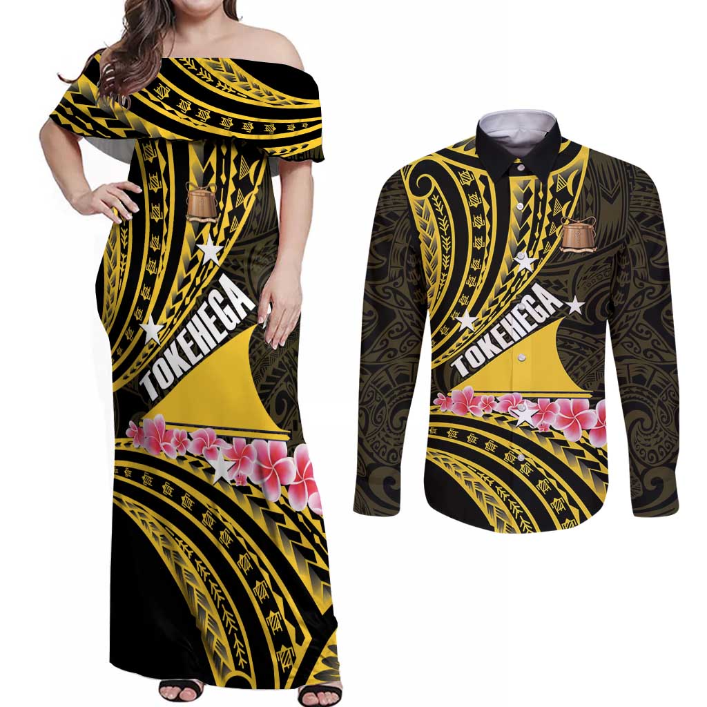 Personalised Tokelau Tokehega Day Couples Matching Off Shoulder Maxi Dress and Long Sleeve Button Shirt Tokelauan Tatau Black Color LT14 Black - Polynesian Pride