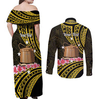 Personalised Tokelau Tokehega Day Couples Matching Off Shoulder Maxi Dress and Long Sleeve Button Shirt Tokelauan Tatau Black Color LT14 - Polynesian Pride