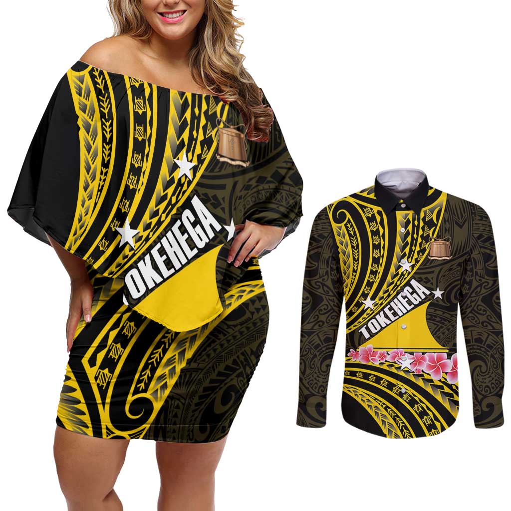 Personalised Tokelau Tokehega Day Couples Matching Off Shoulder Short Dress and Long Sleeve Button Shirt Tokelauan Tatau Black Color LT14 Black - Polynesian Pride
