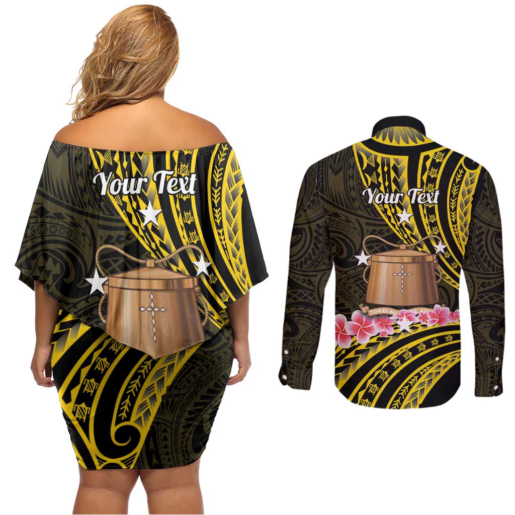 Personalised Tokelau Tokehega Day Couples Matching Off Shoulder Short Dress and Long Sleeve Button Shirt Tokelauan Tatau Black Color LT14 - Polynesian Pride