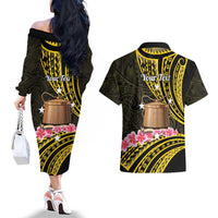 Personalised Tokelau Tokehega Day Couples Matching Off The Shoulder Long Sleeve Dress and Hawaiian Shirt Tokelauan Tatau Black Color LT14 - Polynesian Pride