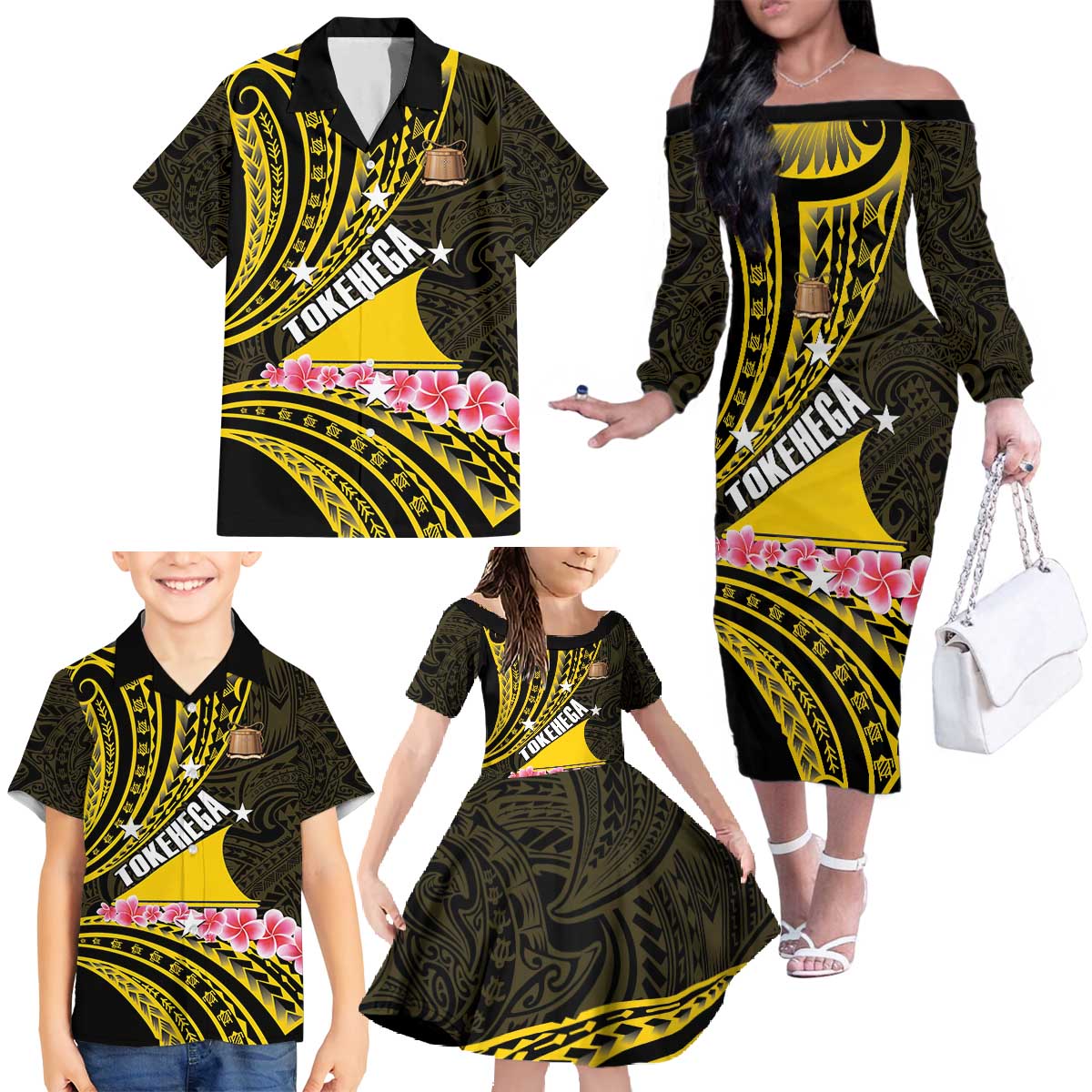 Personalised Tokelau Tokehega Day Family Matching Off The Shoulder Long Sleeve Dress and Hawaiian Shirt Tokelauan Tatau Black Color LT14 - Polynesian Pride