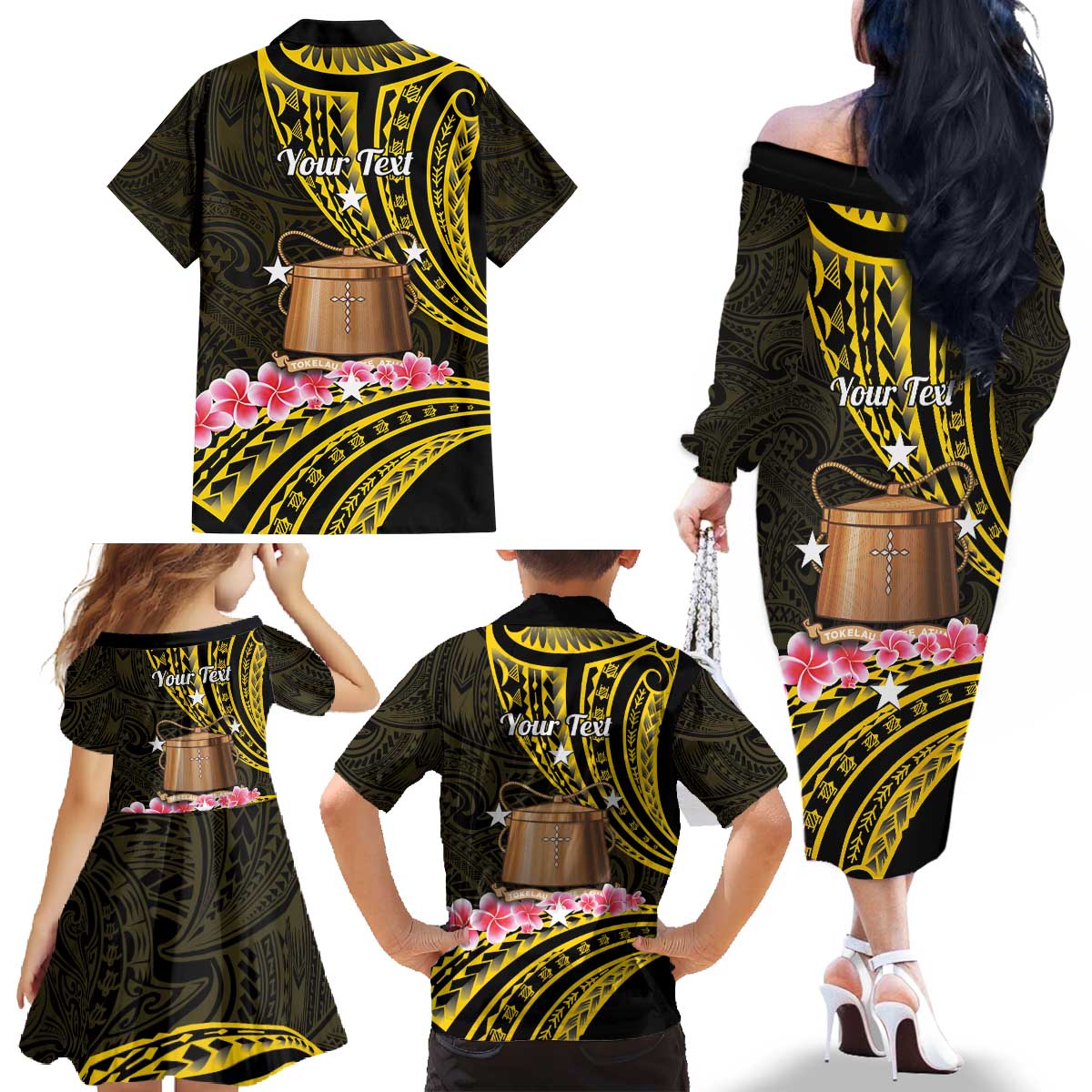 Personalised Tokelau Tokehega Day Family Matching Off The Shoulder Long Sleeve Dress and Hawaiian Shirt Tokelauan Tatau Black Color LT14 - Polynesian Pride