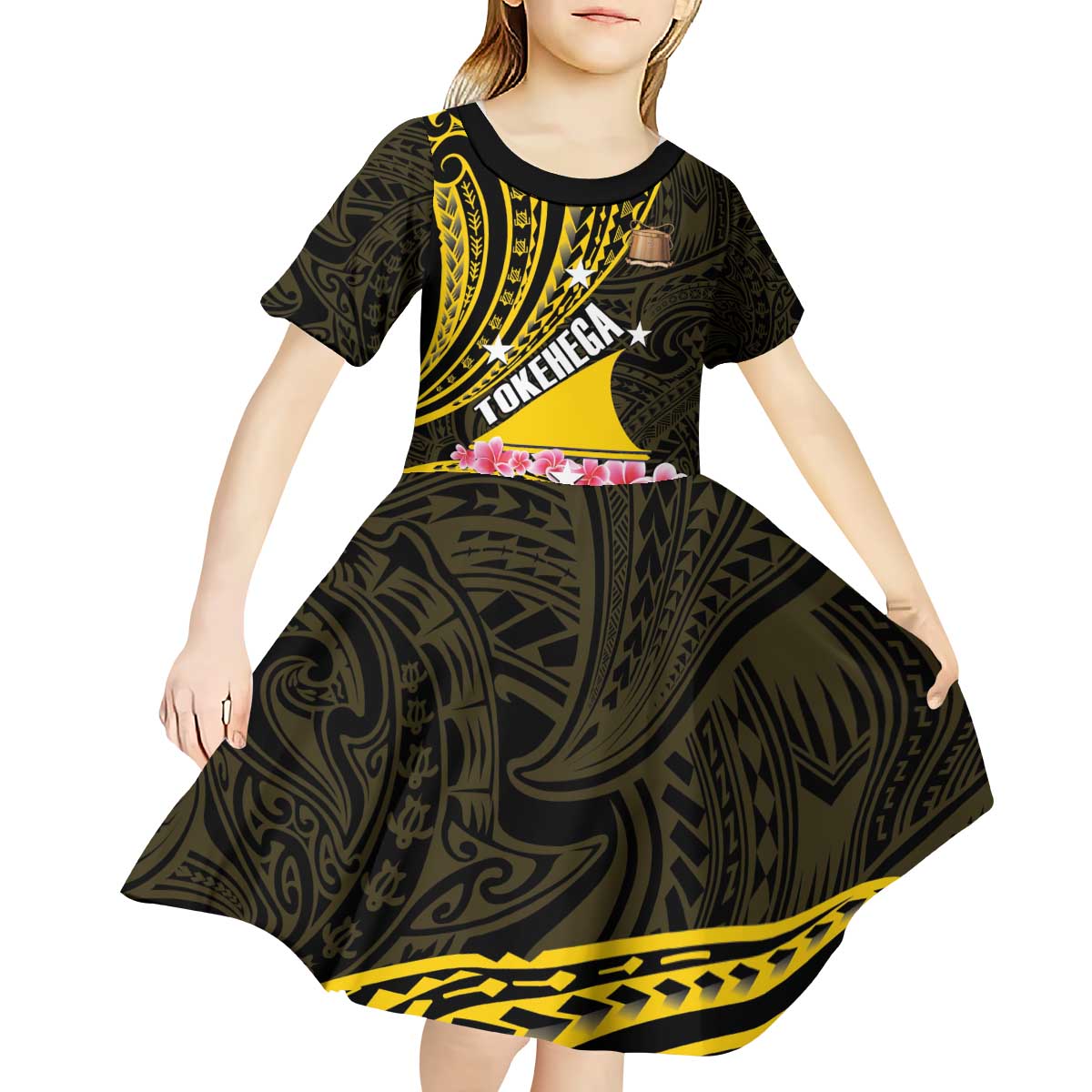 Personalised Tokelau Tokehega Day Kid Short Sleeve Dress Tokelauan Tatau Black Color LT14 - Polynesian Pride